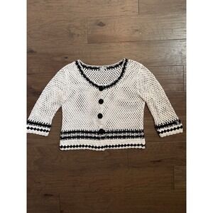 Ann Trinity Womens XL White Black Crochet Cotton Button Front Cardigan Sweater